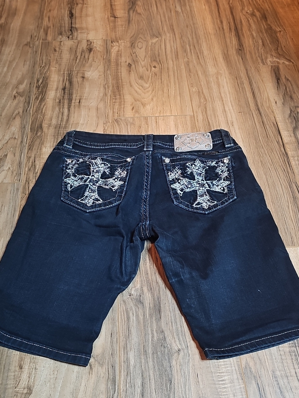 Miss Me Dark Blue Denim Men's Shorts with Embroidered Cross Pockets
